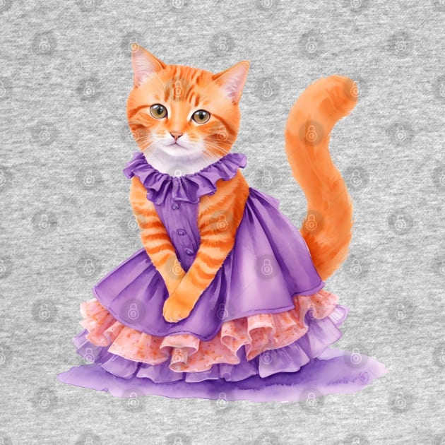 Ginger cat wearing purple dress for Halloween by Luckymoney8888